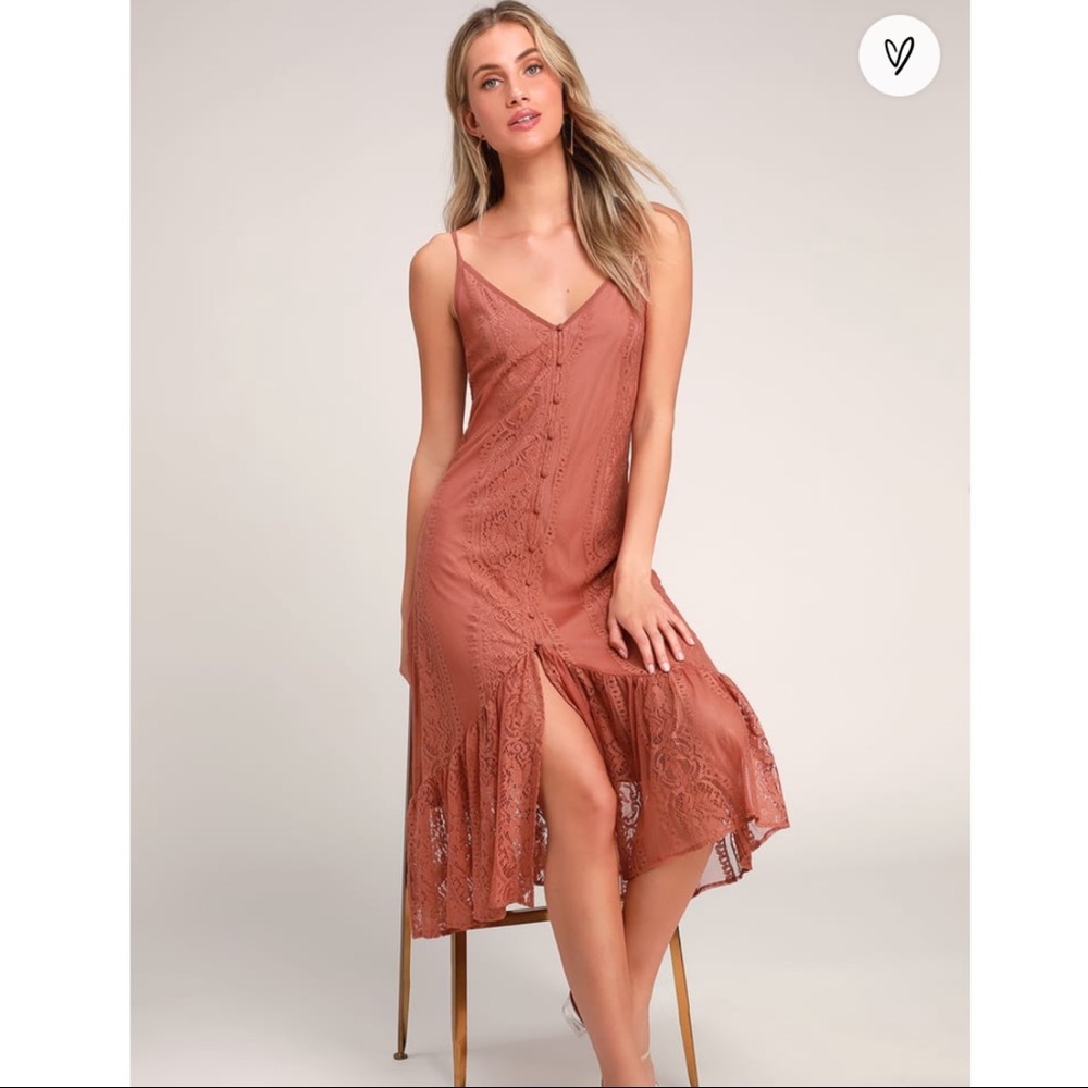 Rusty Rose Lace Button-Front Midi Dress